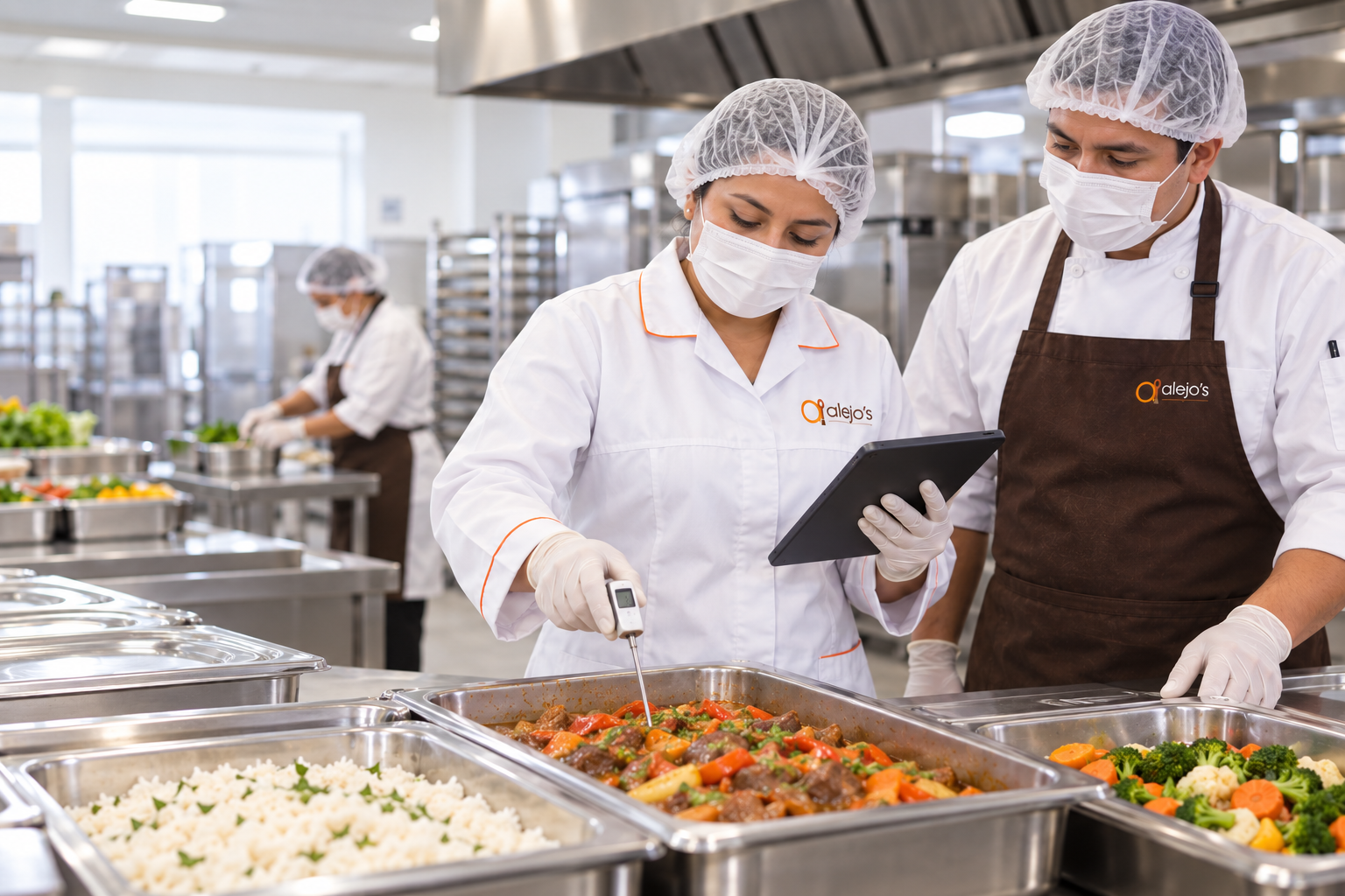 Escena referencial de verificación de temperatura de alimentos con termómetro de sonda
