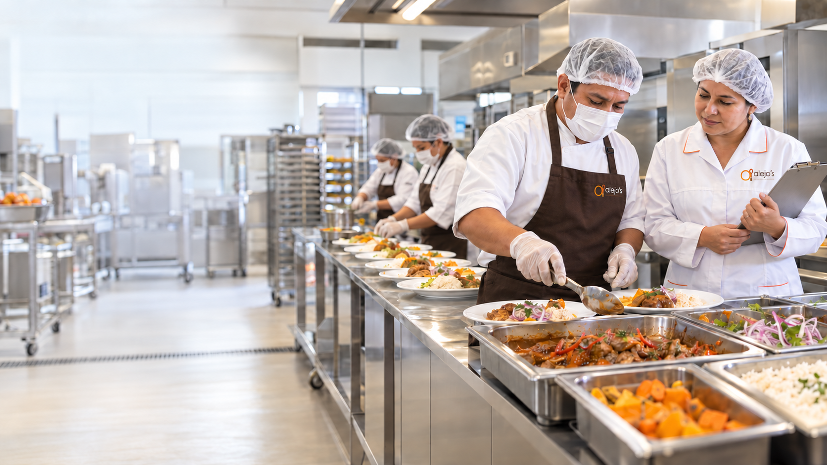 Escena referencial de preparación de alimentos con uniformes ALEJOS